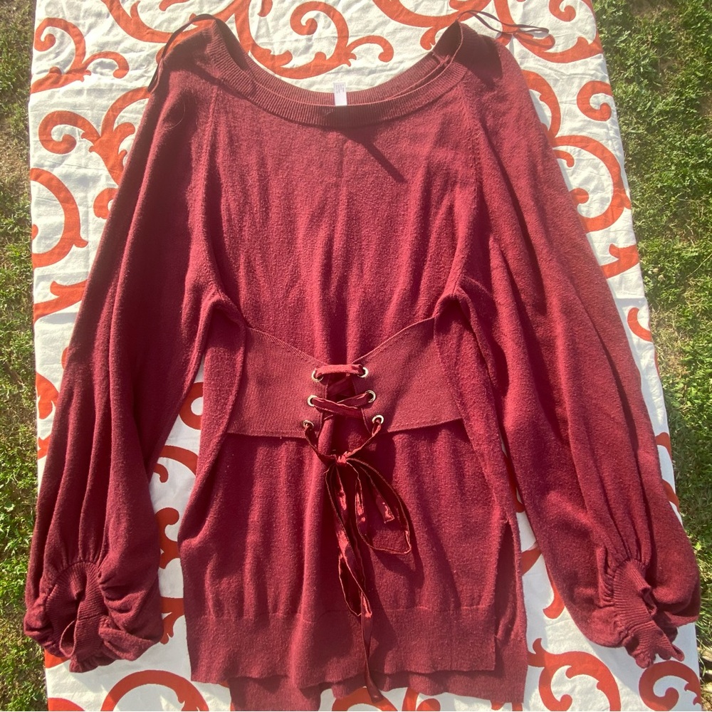 Leith Sweater Dress Long Sleeve Red Oversized Puffy Dress tie waist size xs - Picture 4 of 15